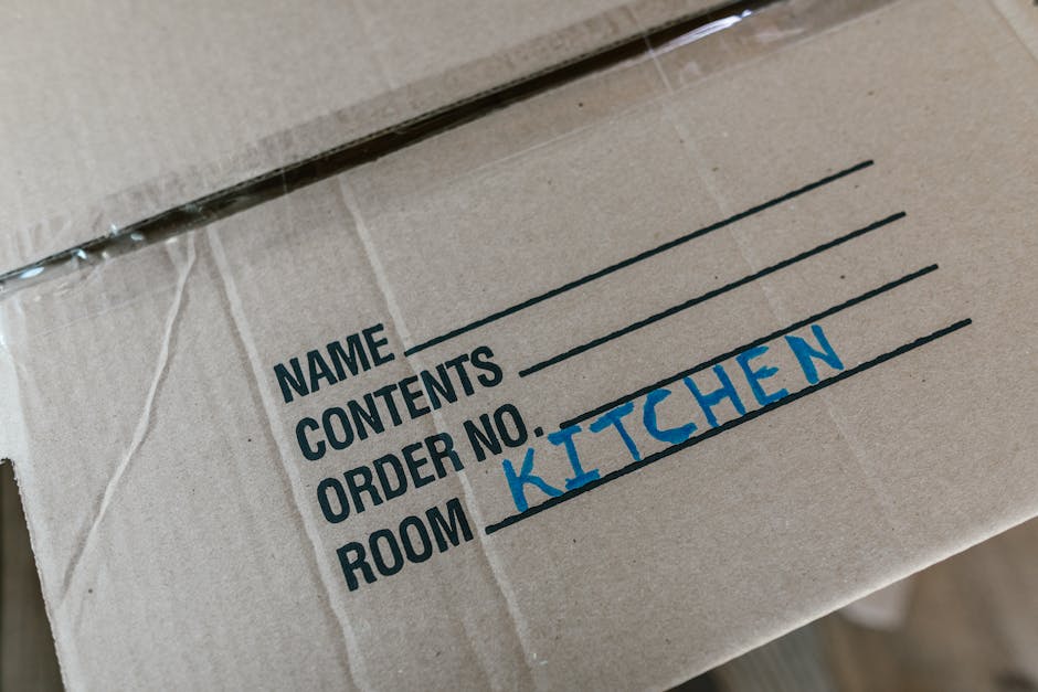 A professional mover from Wimbledon Movers is transporting two large cardboard boxes, each with red and black packing tape, into a room with white walls and large arched windows allowing natural light
